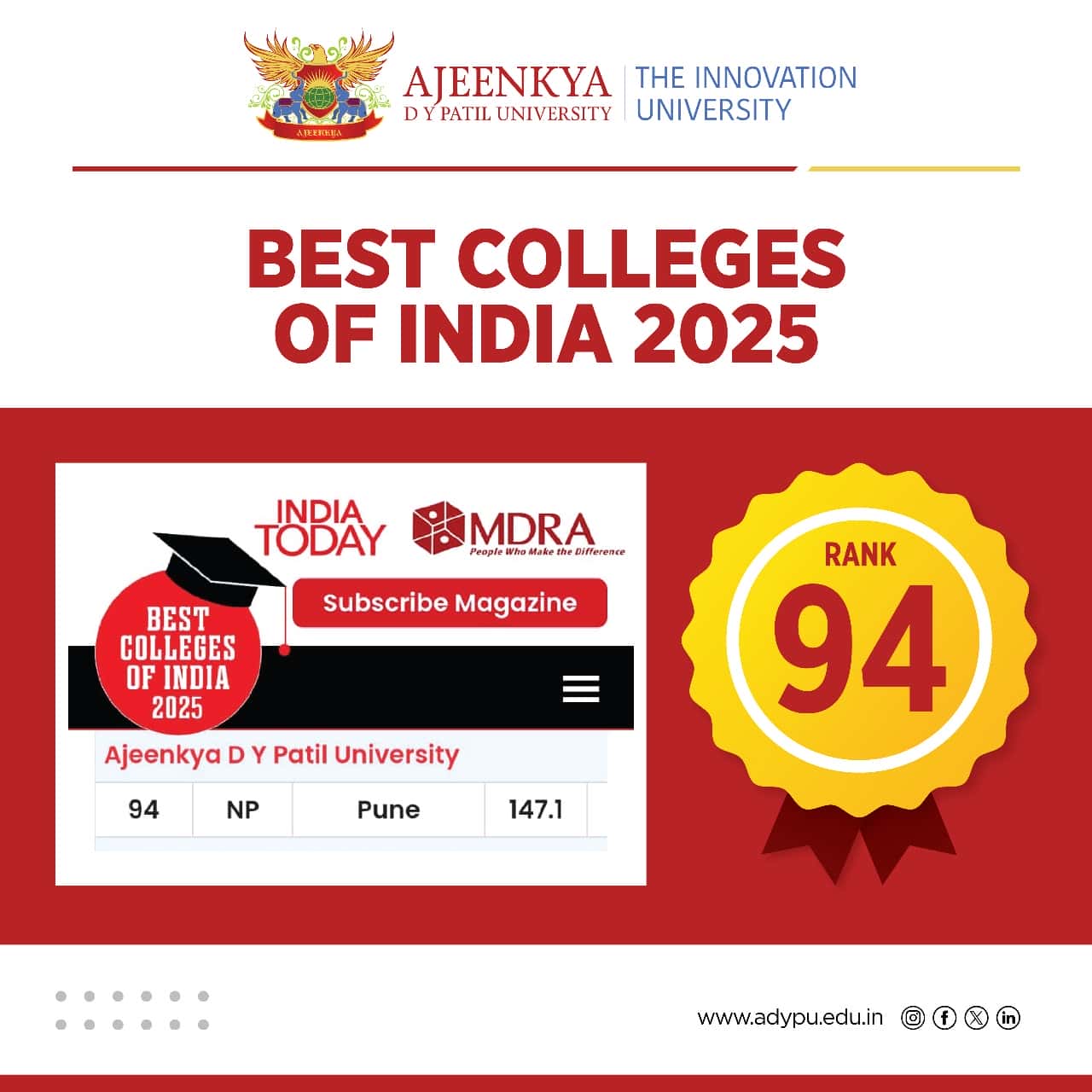 ADYPU Shines in India Today’s Best Colleges 2025 Ranking!