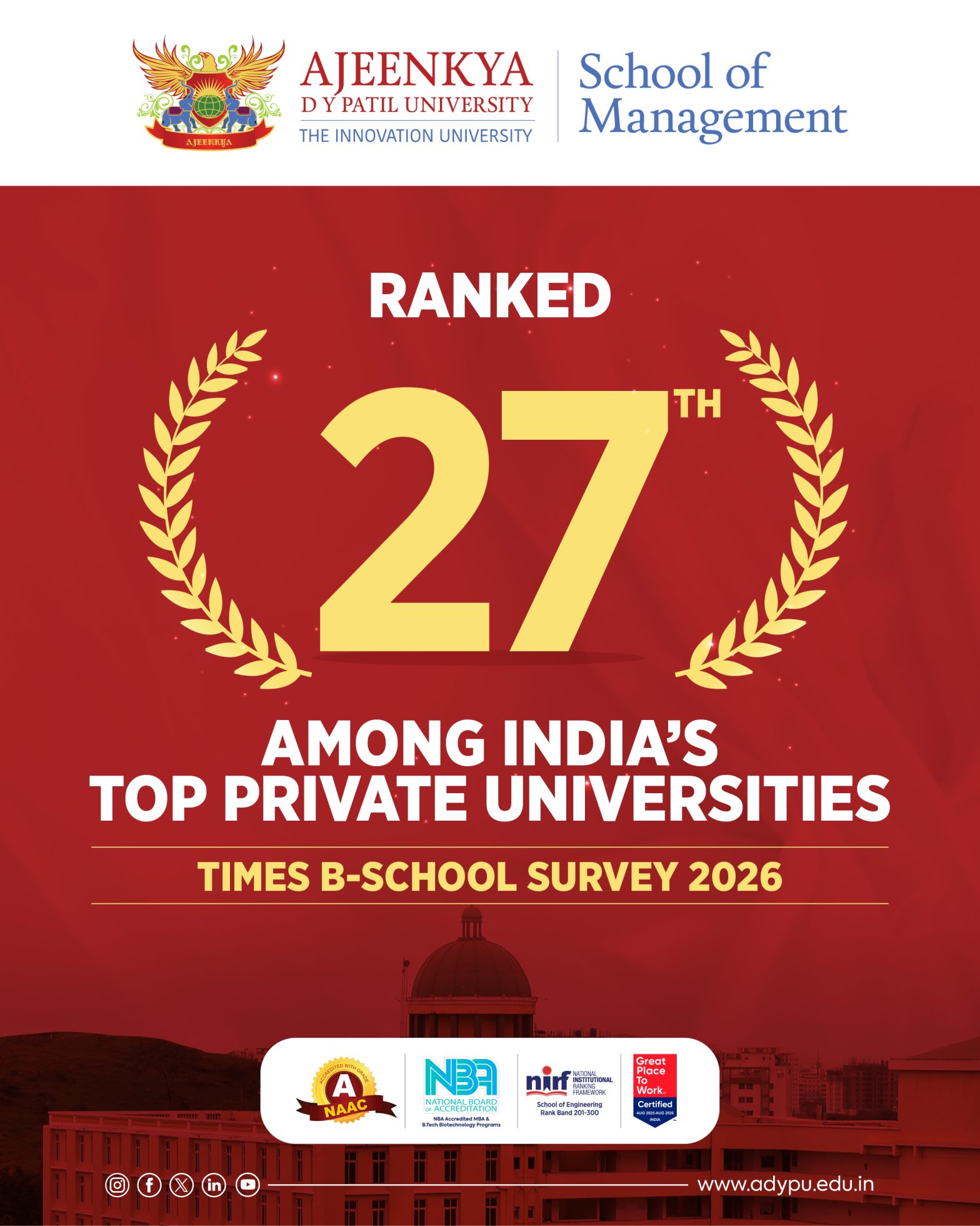 ADYPU’s School of Management Secures Prestigious Recognition in Times B-School Survey 2026