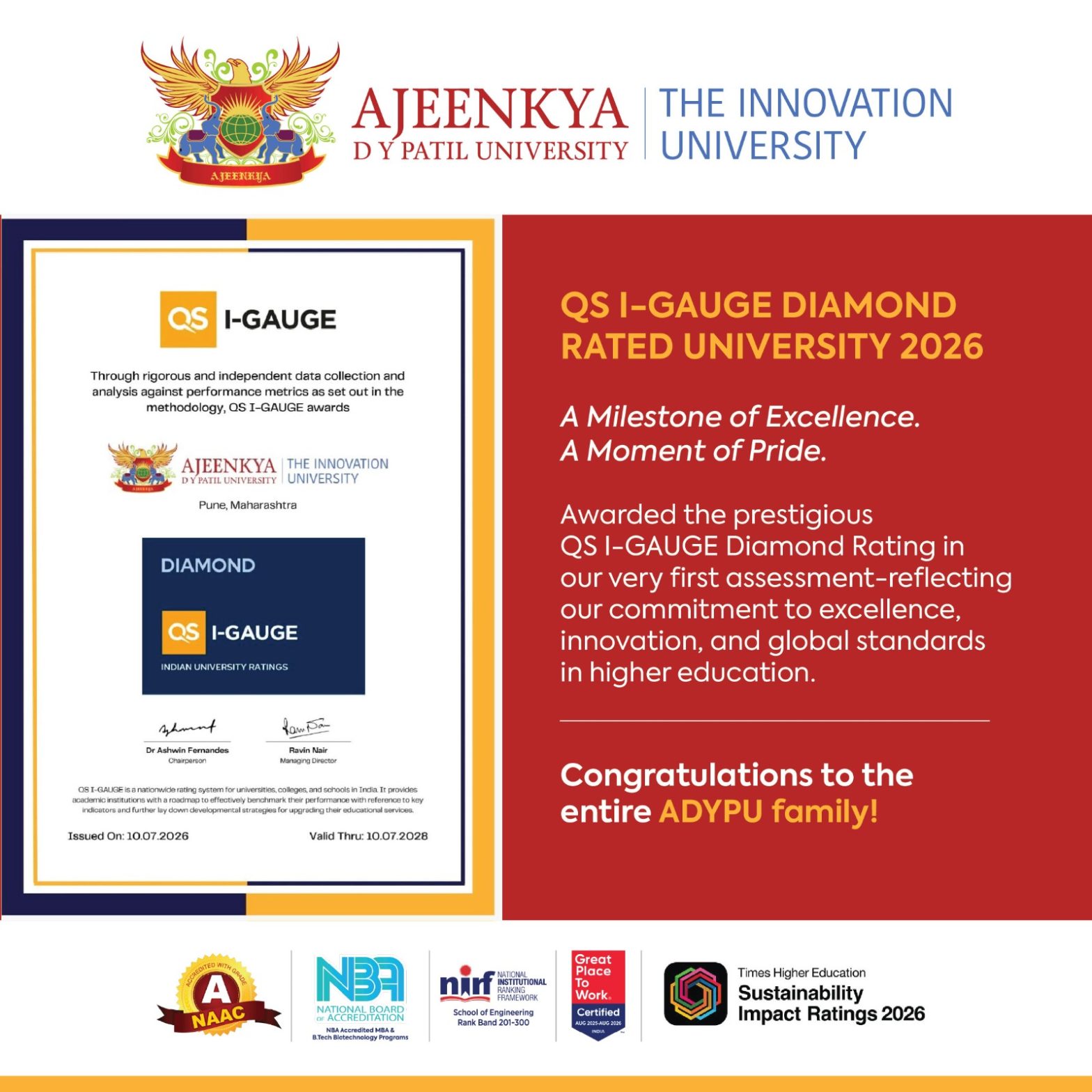 ADYPU Awarded Prestigious QS I-GAUGE Diamond Rating 2026 — A Remarkable Milestone for The Innovation University